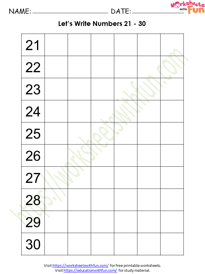 Mathematics Preschool Numbers 21 30 Worksheet